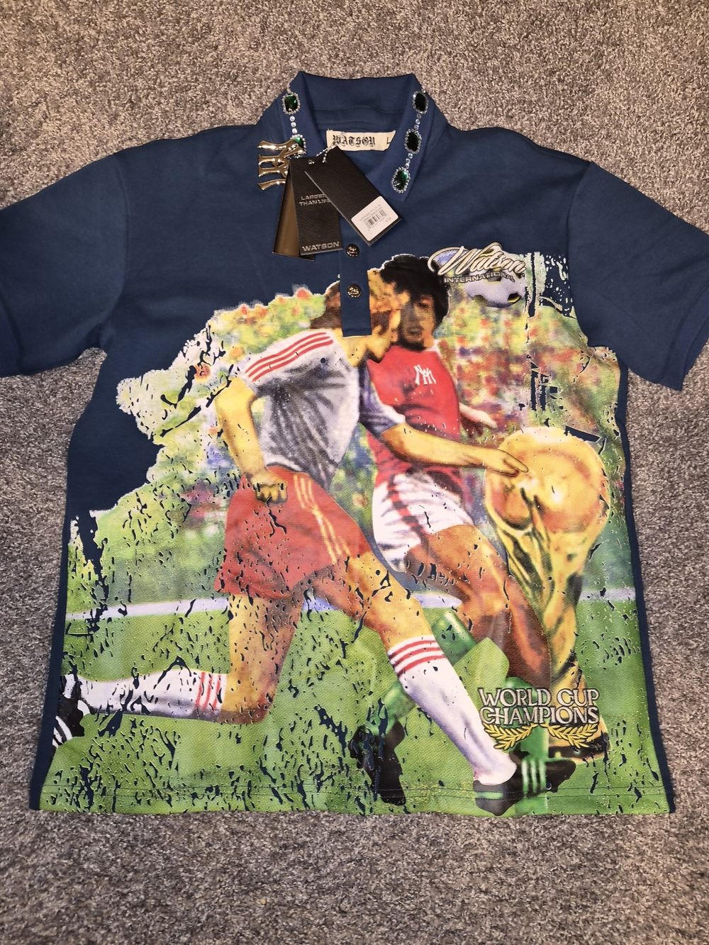 Blue Graphic Soccer Polo Shirt with World Cup Print